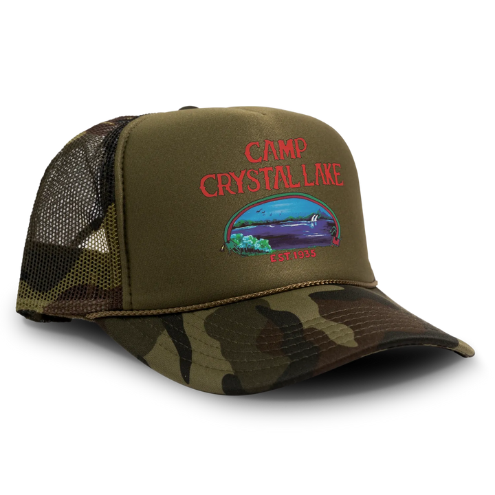 Camo ’Camp Crystal Lake’ trucker hat.