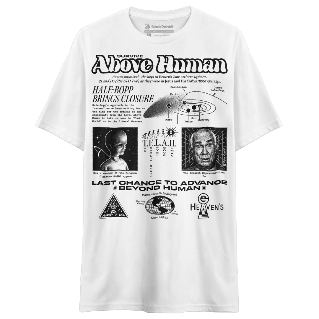 White short-sleeve t-shirt with a complex graphic design.