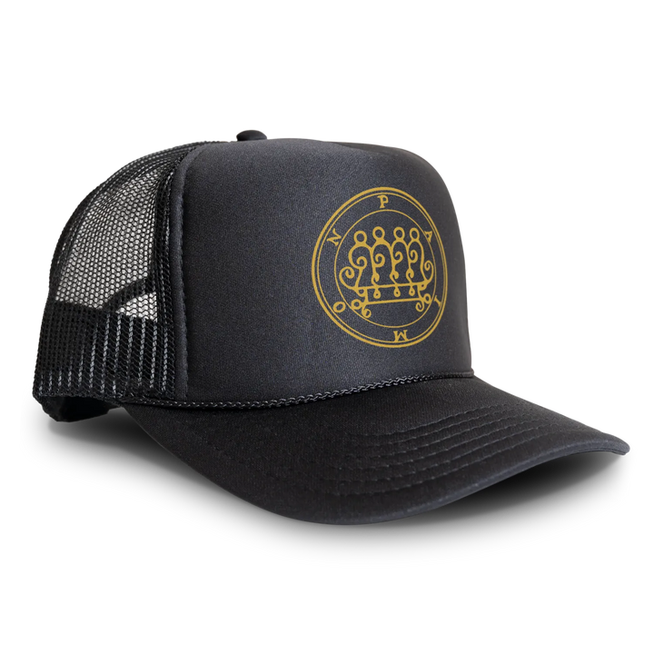 Black trucker hat with occult symbol.