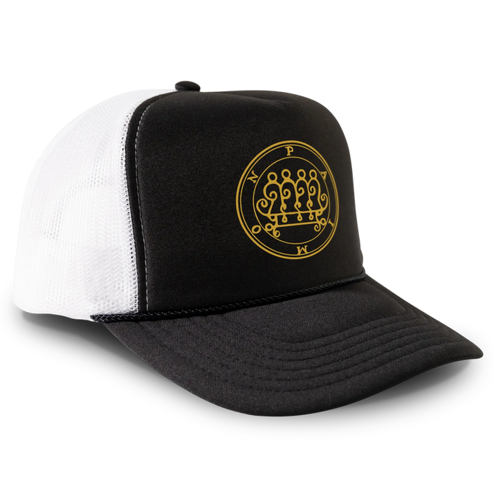Black and white trucker hat with gold sigil.