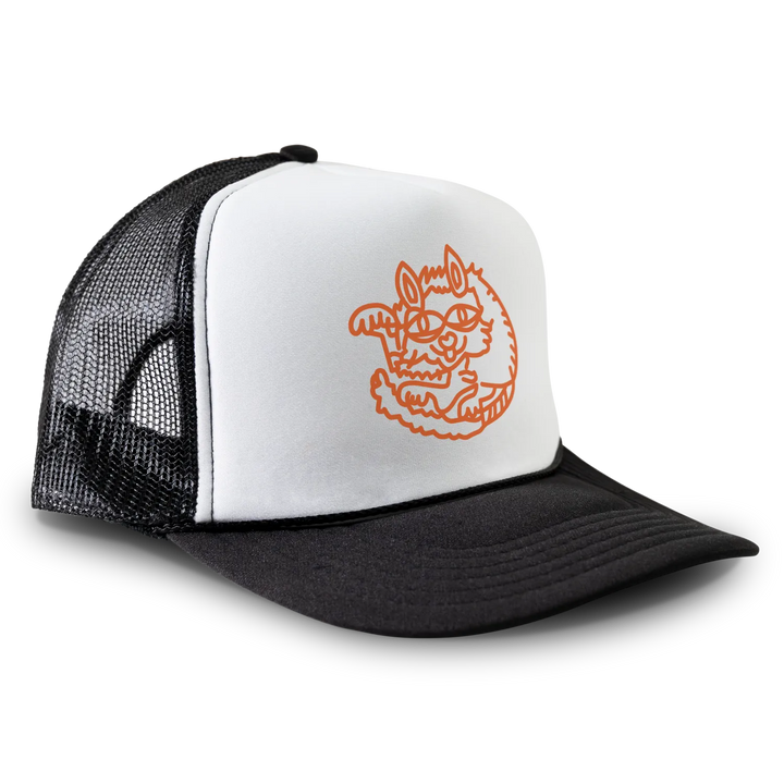 Black and white trucker hat with orange cat design.