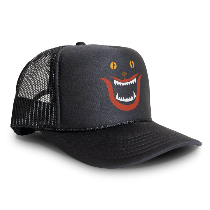 Black trucker hat with cat face.