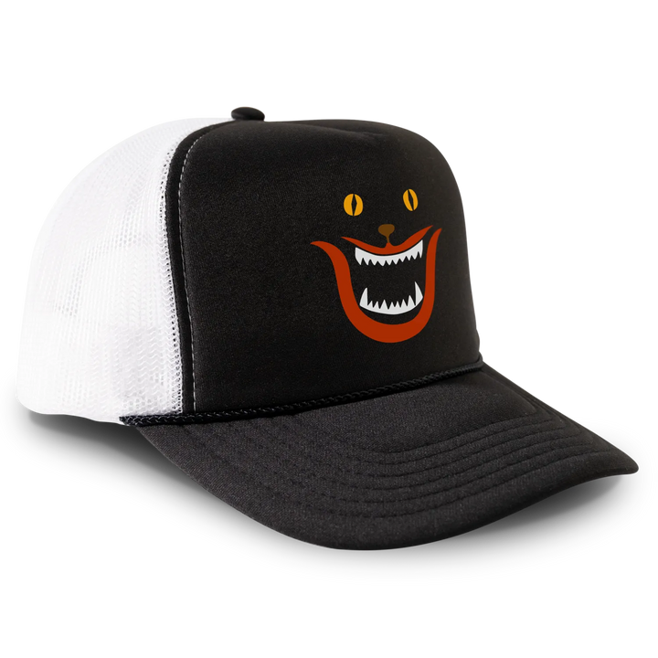 Black and white trucker hat with cat face.