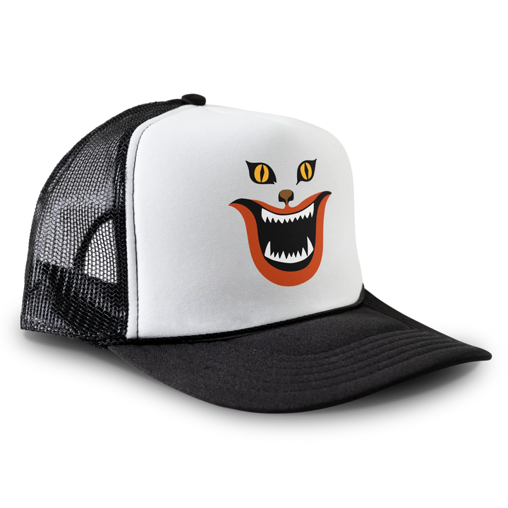 Black and white trucker hat with cat-clown design.
