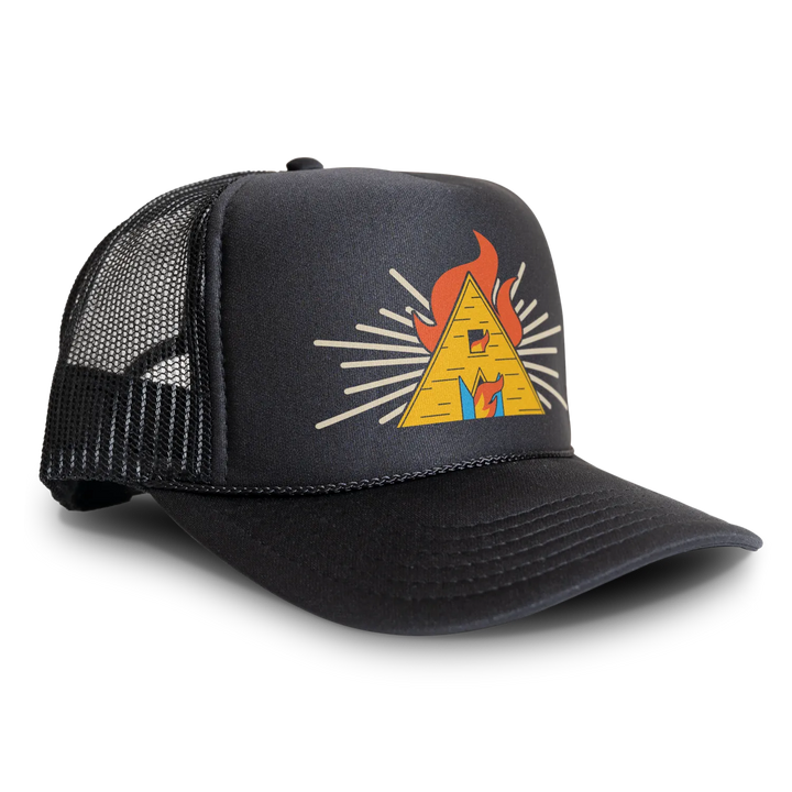 Black trucker hat with pyramid graphic.