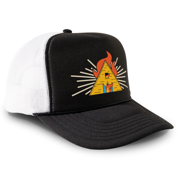 Black and white trucker hat with pyramid graphic.