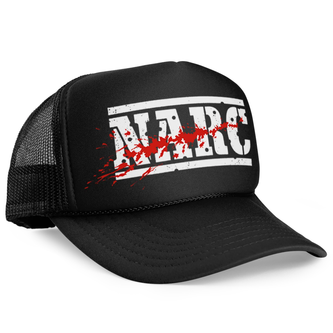 Black trucker hat with ’NARC’ graphic.