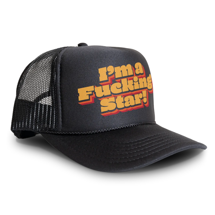 Black trucker hat with bold text.