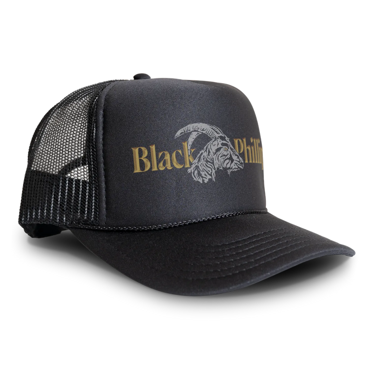 Black trucker hat with goat logo.