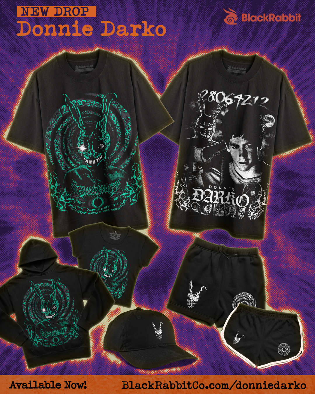 A product collage for the BlackRabbit Co. 'Donnie Darko' collection, featuring black t-shirts, shorts, a hoodie, and a cap.
