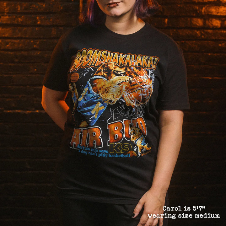 Model wearing black premium tee with air bud graphic 