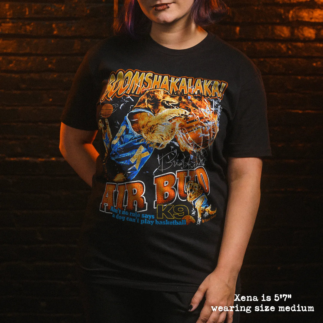 Model wearing black premium tee with air bud graphic 