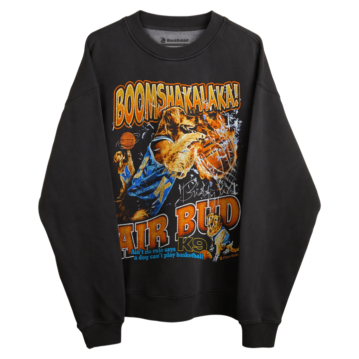 Black crewneck sweatshirt with air bud k9 graphic design, featuring a dog playing basketball in action.