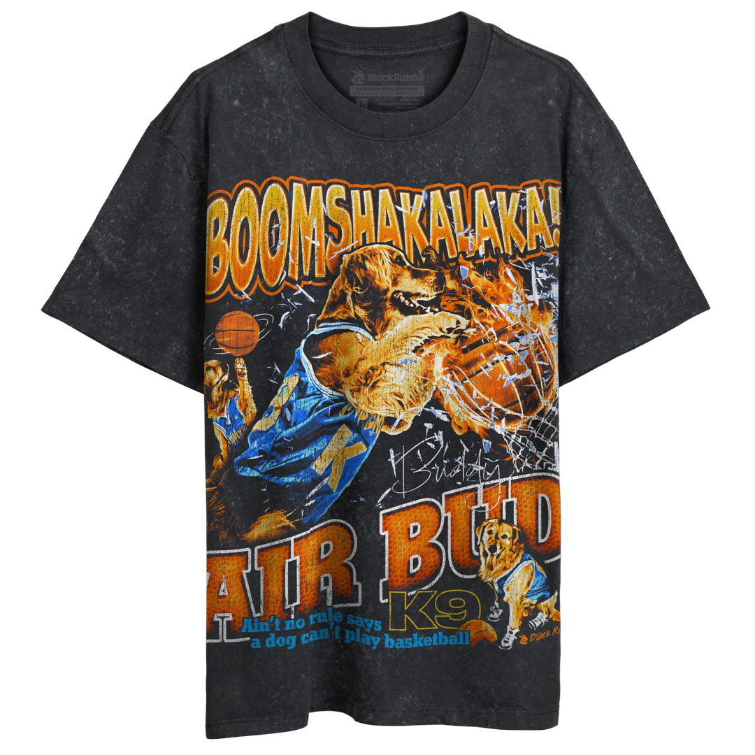 Black t-shirt with graphic design of air bud dogs playing basketball, distressed look.