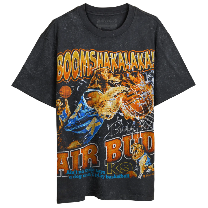 Black t-shirt with graphic design of air bud dogs playing basketball, distressed look.