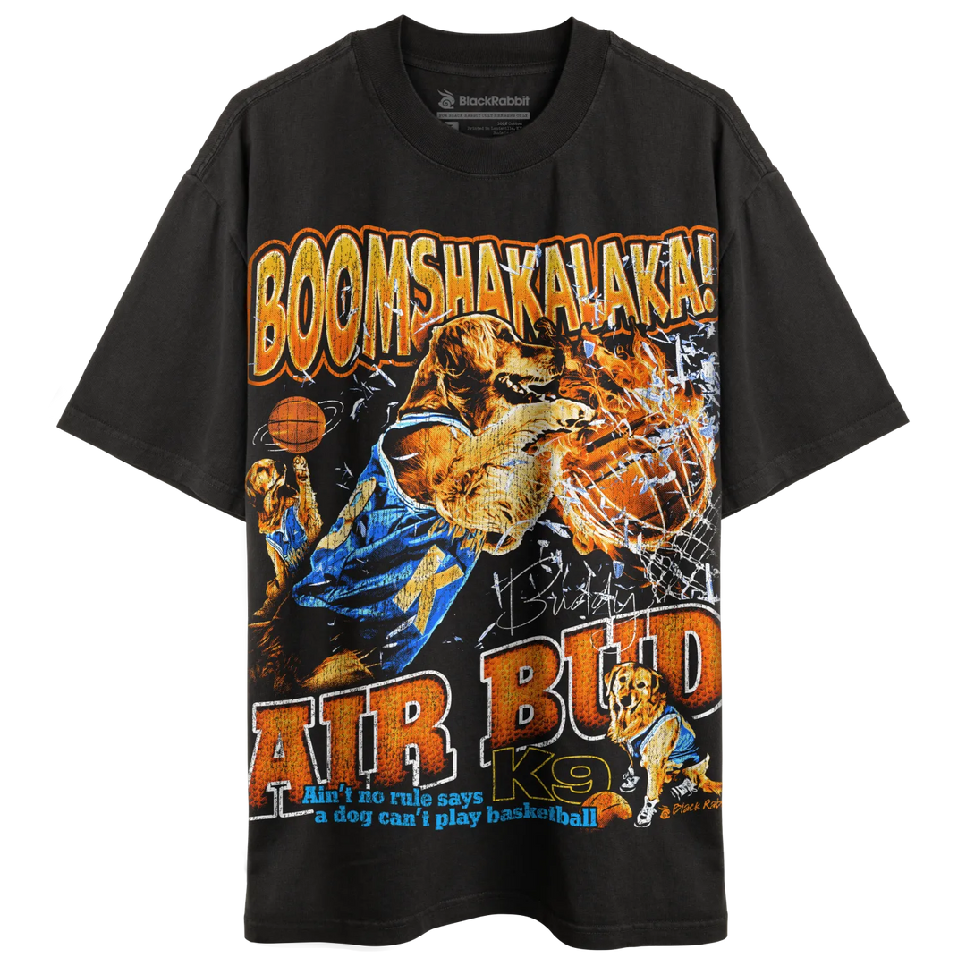 Black short-sleeve t-shirt with a graphic print of a dog playing basketball.