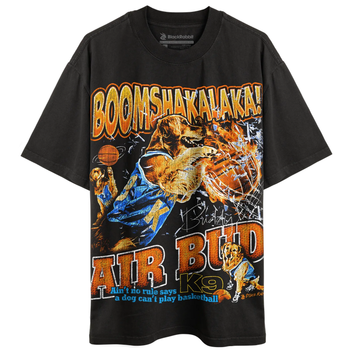 Black short-sleeve t-shirt with a graphic print of a dog playing basketball.