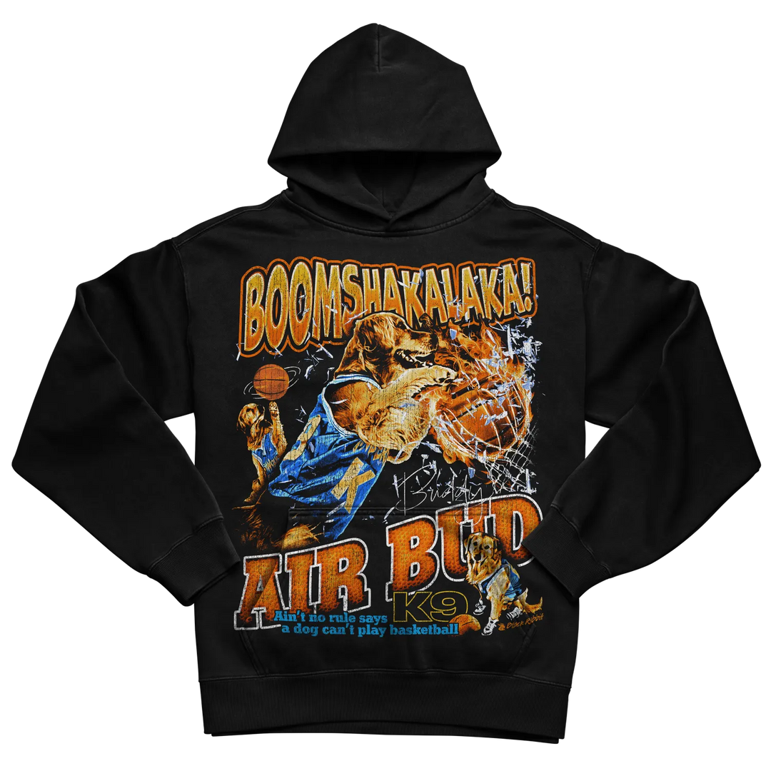 Black hoodie with ’air bud k9’’ graphic and basketball design
