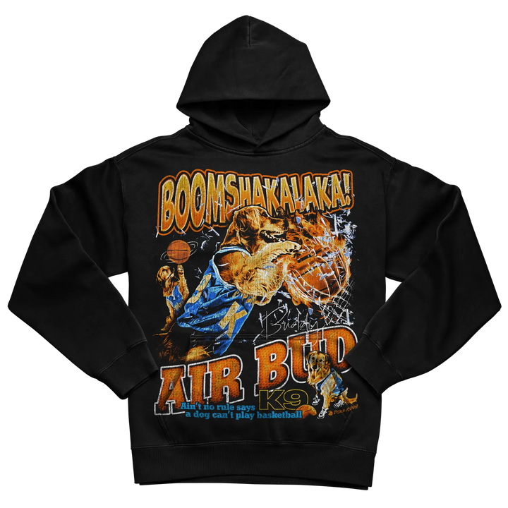 Black hoodie with ’air bud k9’’ graphic and basketball design