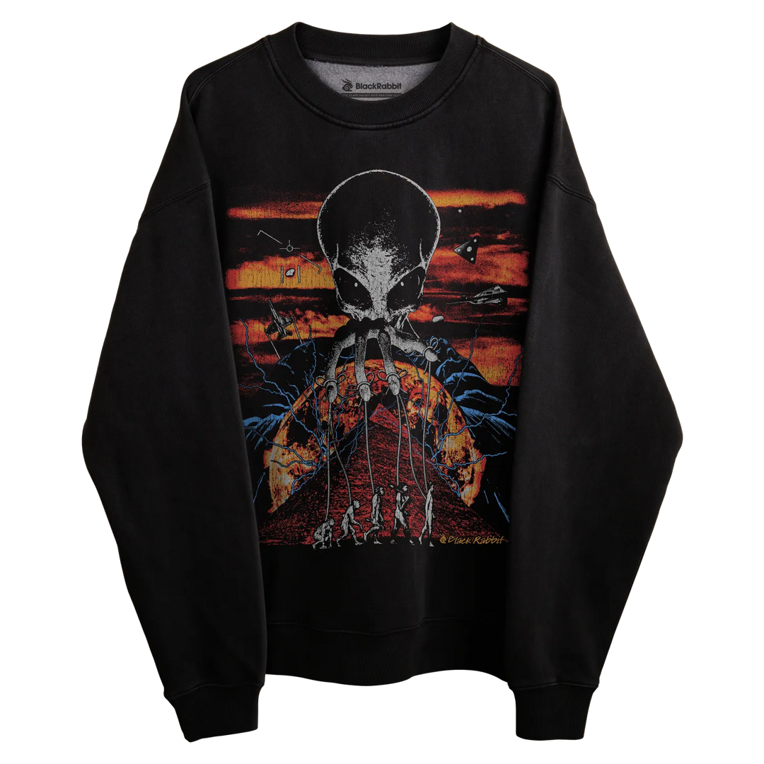 Black long-sleeved sweatshirt with skull design and colorful background