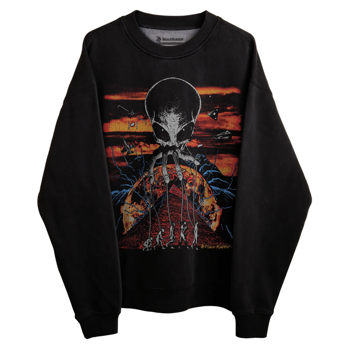 Black long-sleeved sweatshirt with skull design and colorful background