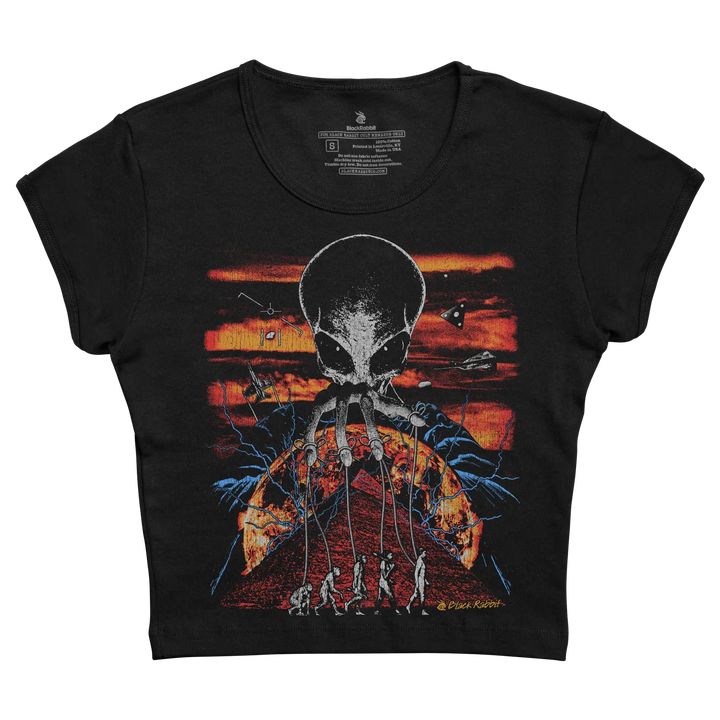 Black short-sleeved t-shirt featuring a graphic of an alien skull with tentacles holding strings to human figures against a fiery orange and red sky.