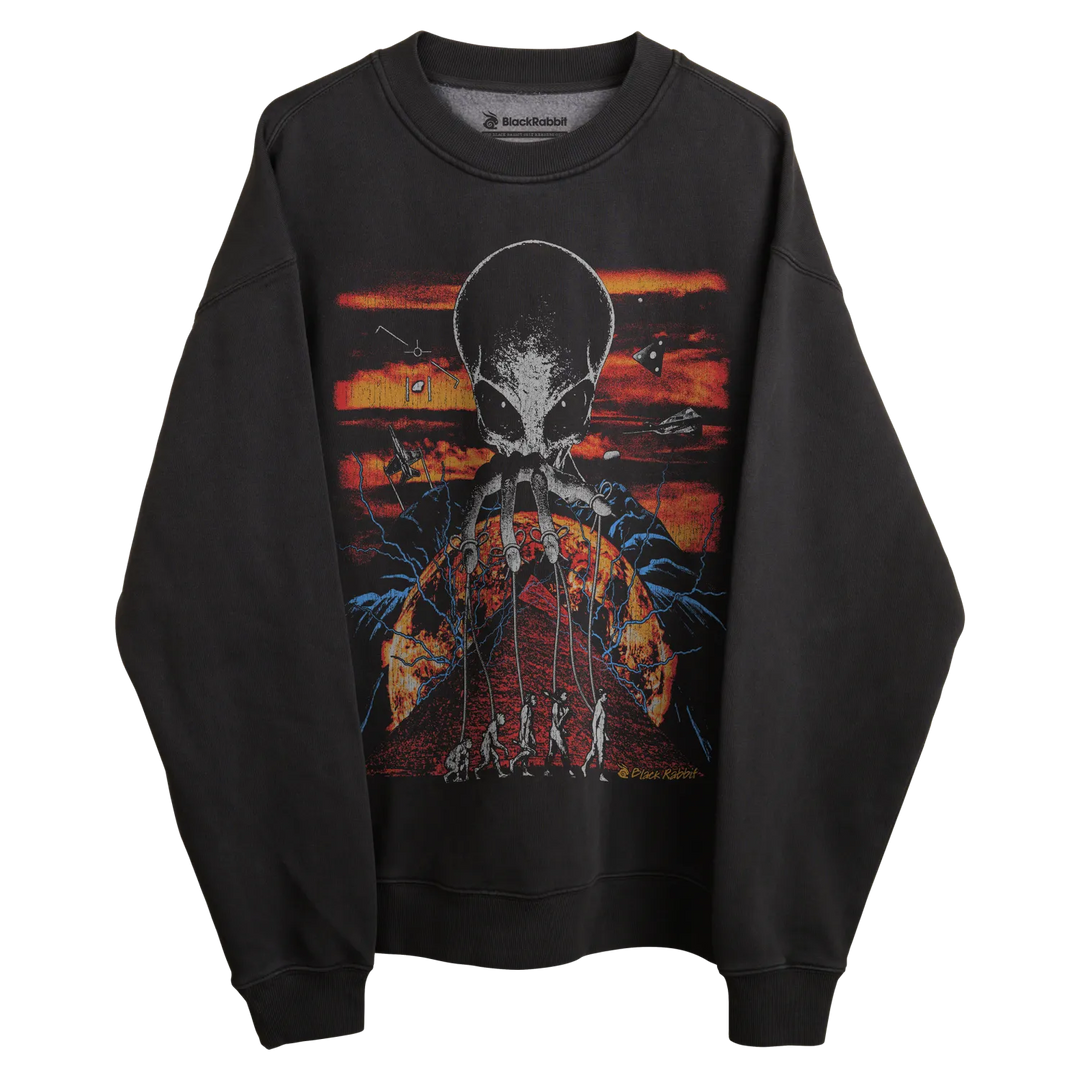 Black sweatshirt with skull design and evolution of man graphic