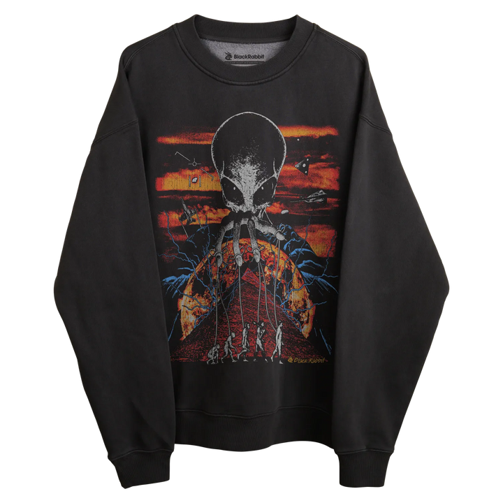 Black sweatshirt with skull design and evolution of man graphic