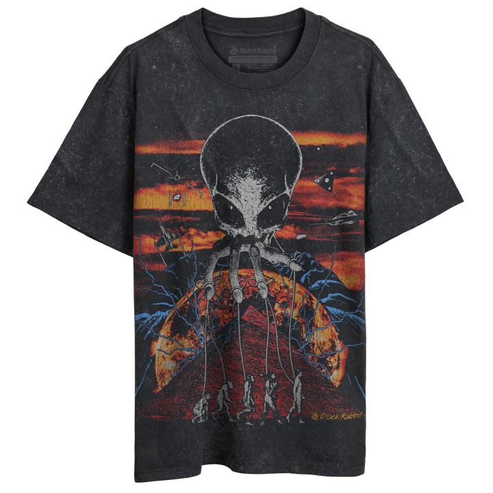 Charcoal gray graphic t-shirt with alien design and distressed details.