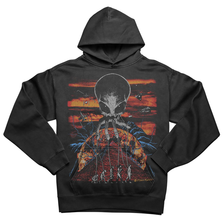 Black hoodie with alien design and lightning bolts, inspired by ’alien’ movie franchise.