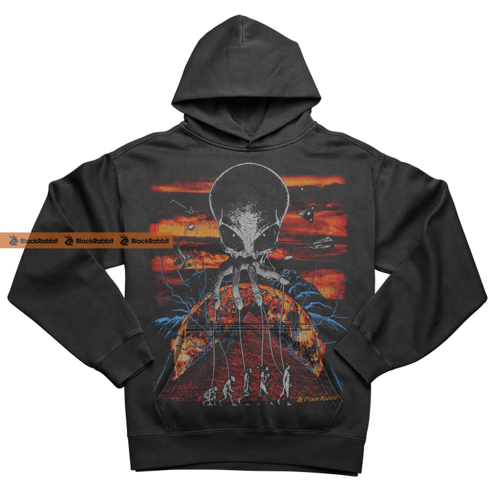 Gray hoodie with alien graphic.