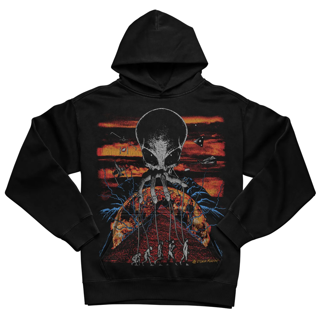 Black hoodie with alien evolution design, dark red and orange gradient background.