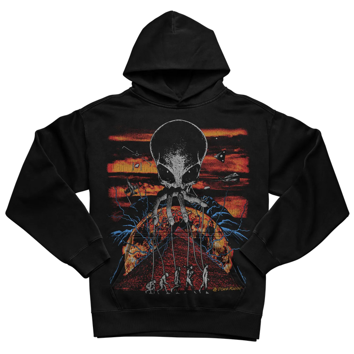 Black hoodie with alien evolution design, dark red and orange gradient background.