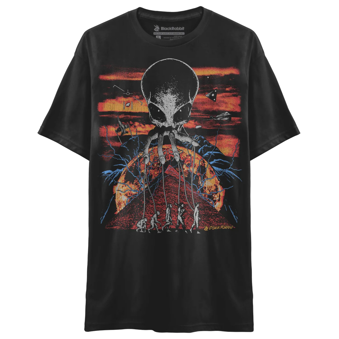 Black t-shirt with skull design and evolution of man graphic, dark material, printed design.