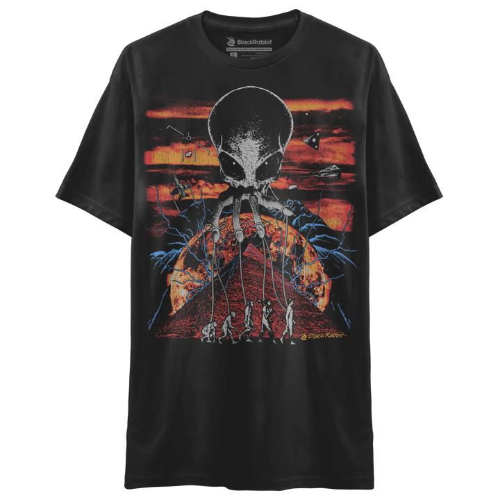 Black t-shirt with skull design and evolution of man graphic, dark material, printed design.