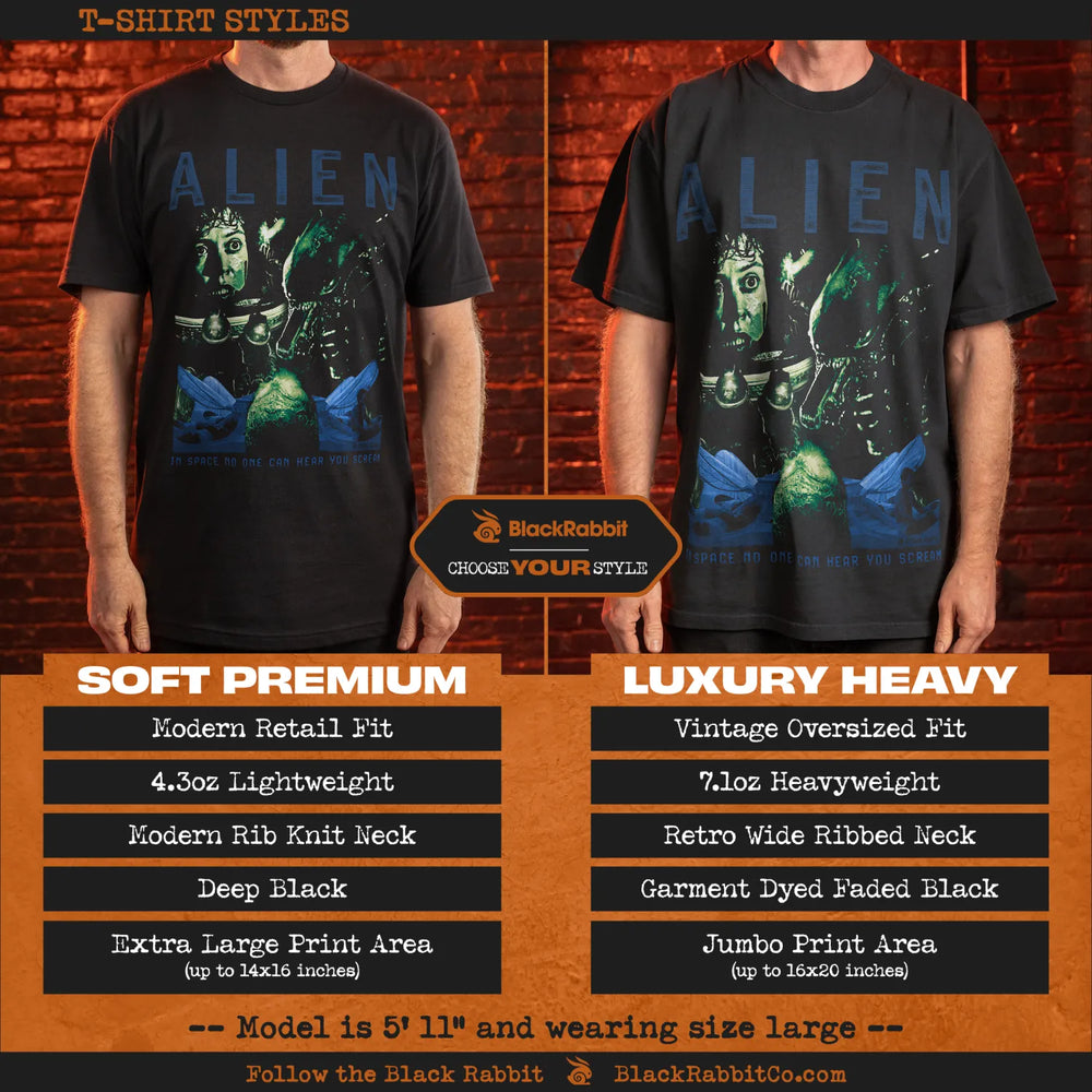 Comparison of two black Alien-themed t-shirt styles: ’Soft Premium’ and ’Luxury Heavy’.