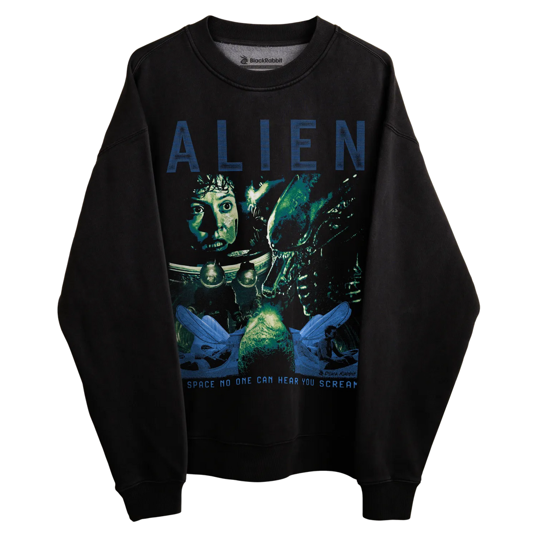 Black alien movie poster sweatshirt with blue text and graphic design featuring the iconic xenomorph creature.