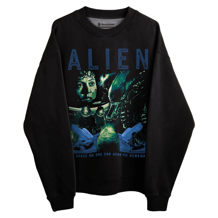Black alien movie poster sweatshirt with blue text and graphic design featuring the iconic xenomorph creature.