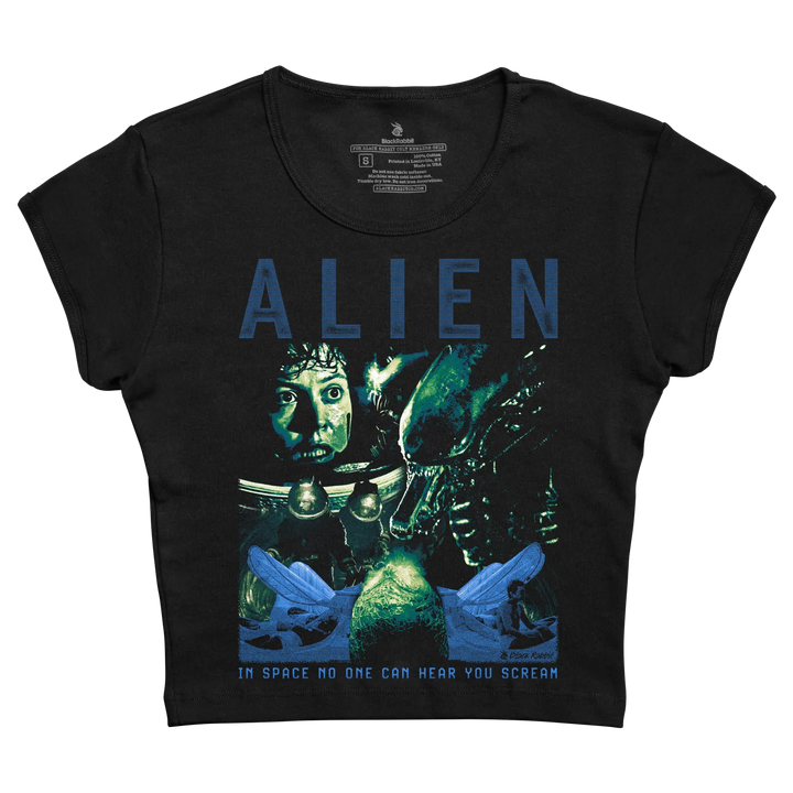 Black short-sleeved t-shirt featuring a graphic print of the movie ’alien’ with blue and green tones, depicting characters from the film.