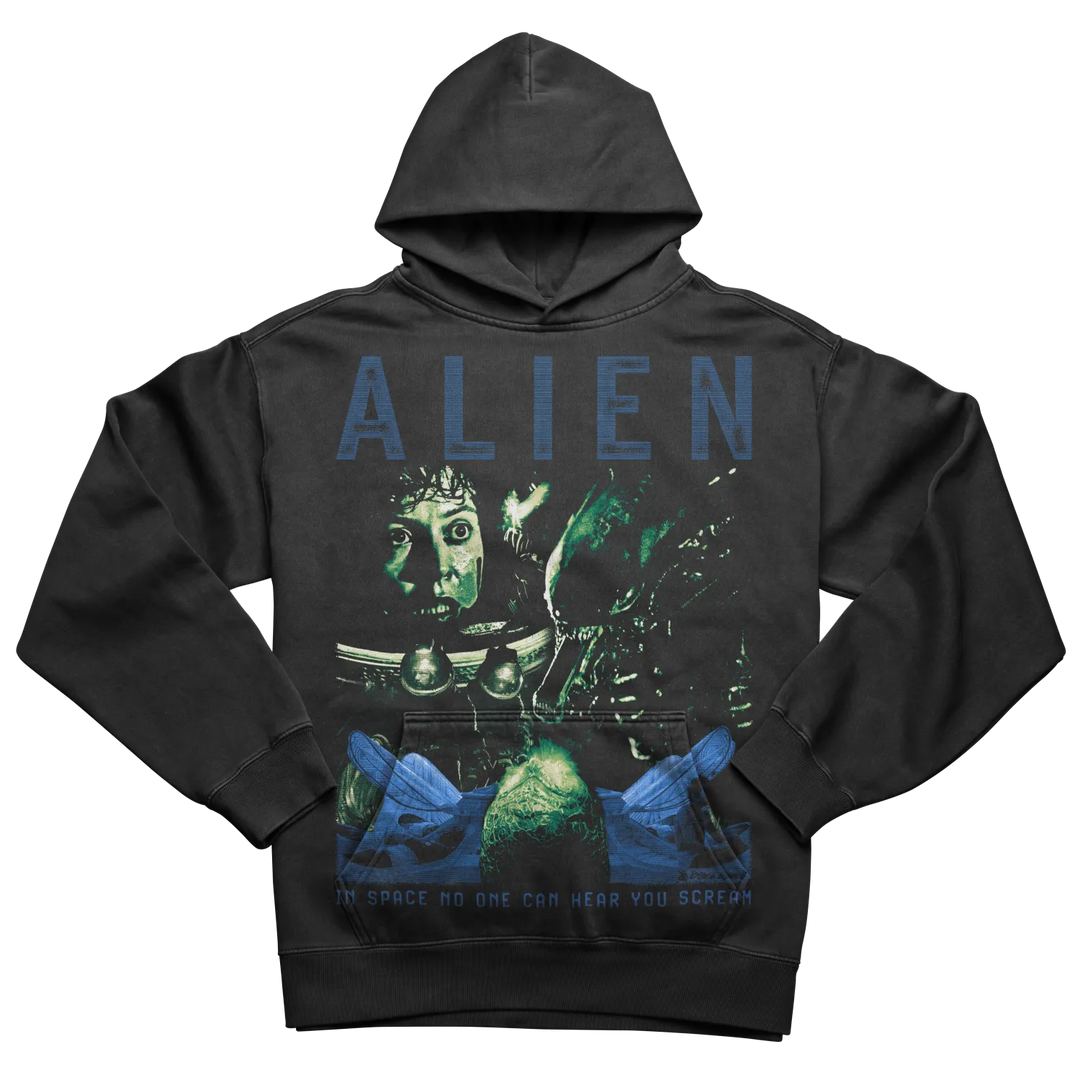 Black hoodie with a blue and green ’Alien’ movie graphic.