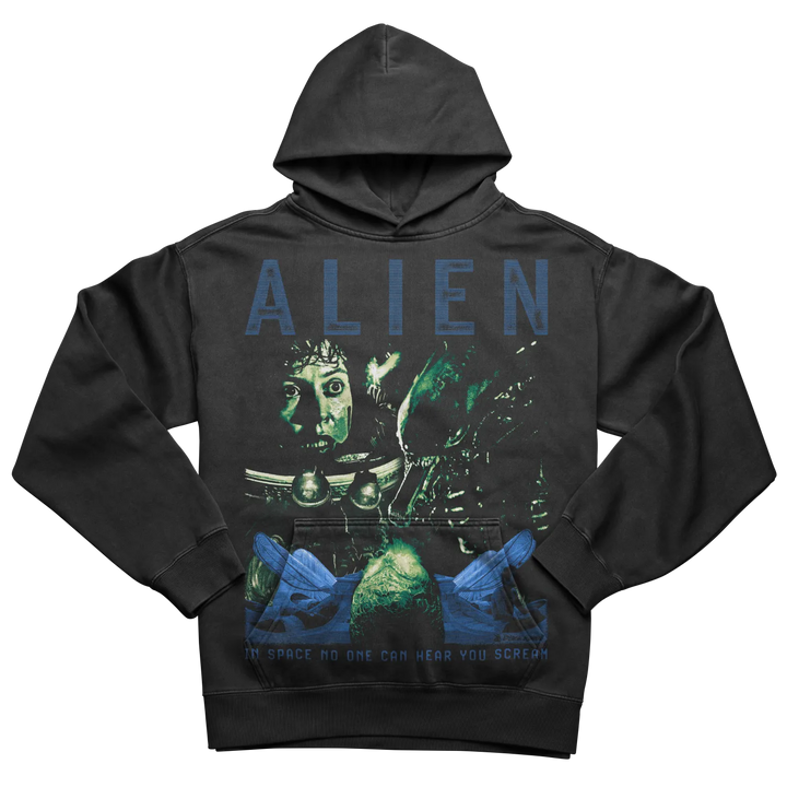 Black hoodie with a blue and green ’Alien’ movie graphic.
