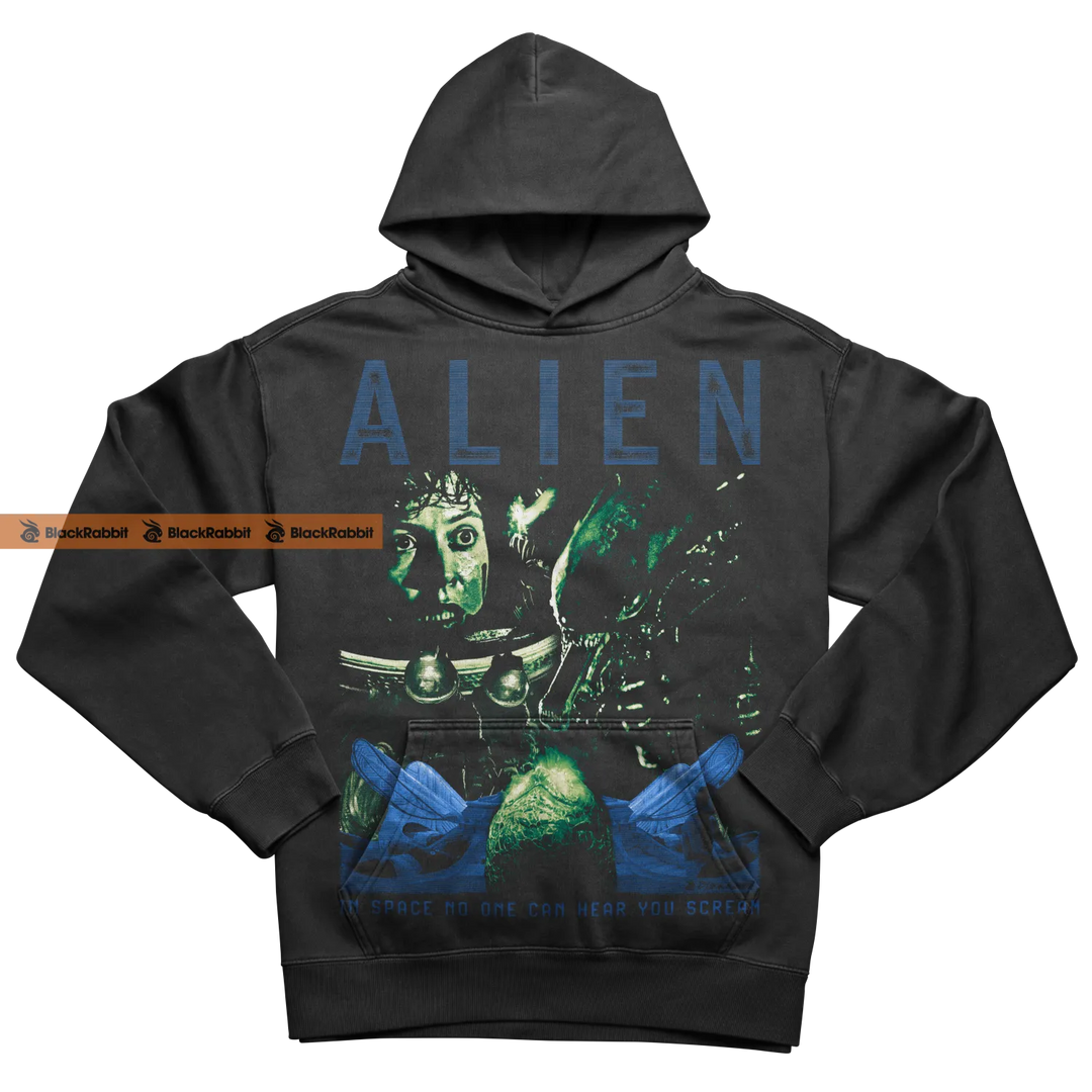 Dark grey hooded sweatshirt with a vibrant green and blue ’Alien’ movie graphic.