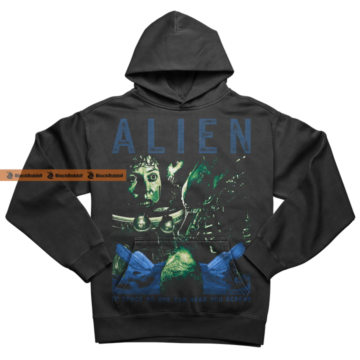 Dark grey hooded sweatshirt with a vibrant green and blue ’Alien’ movie graphic.