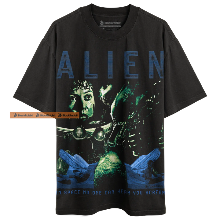 Black graphic t-shirt featuring characters and imagery from the movie ’Alien.’
