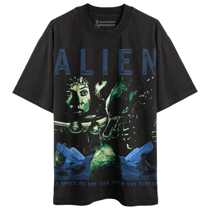 Black graphic t-shirt featuring characters and imagery from the movie ’Alien.’