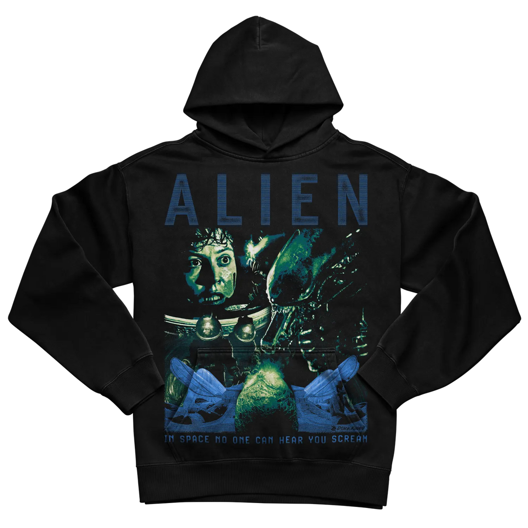 Black hoodie with ’alien’ graphic and quote design.