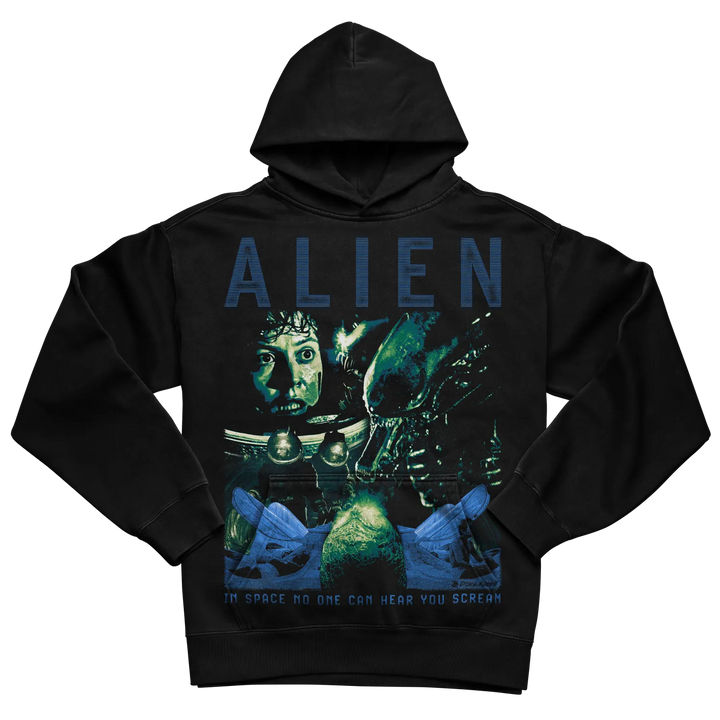 Black hoodie with ’alien’ graphic and quote design.