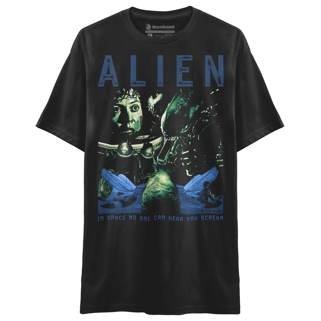 Black crew neck t-shirt with a blue and green ’Alien’ movie graphic.