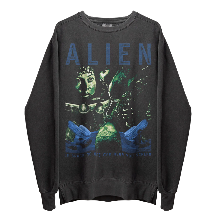 A dark grey crewneck sweatshirt featuring a graphic print of characters and text from the movie ’Alien.’