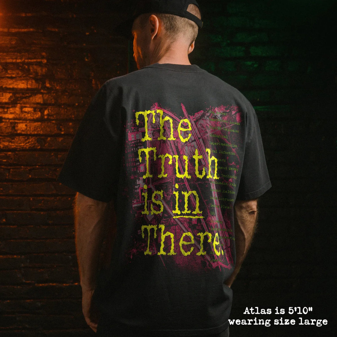 Model wearing heavy tee with area 51 graphic 